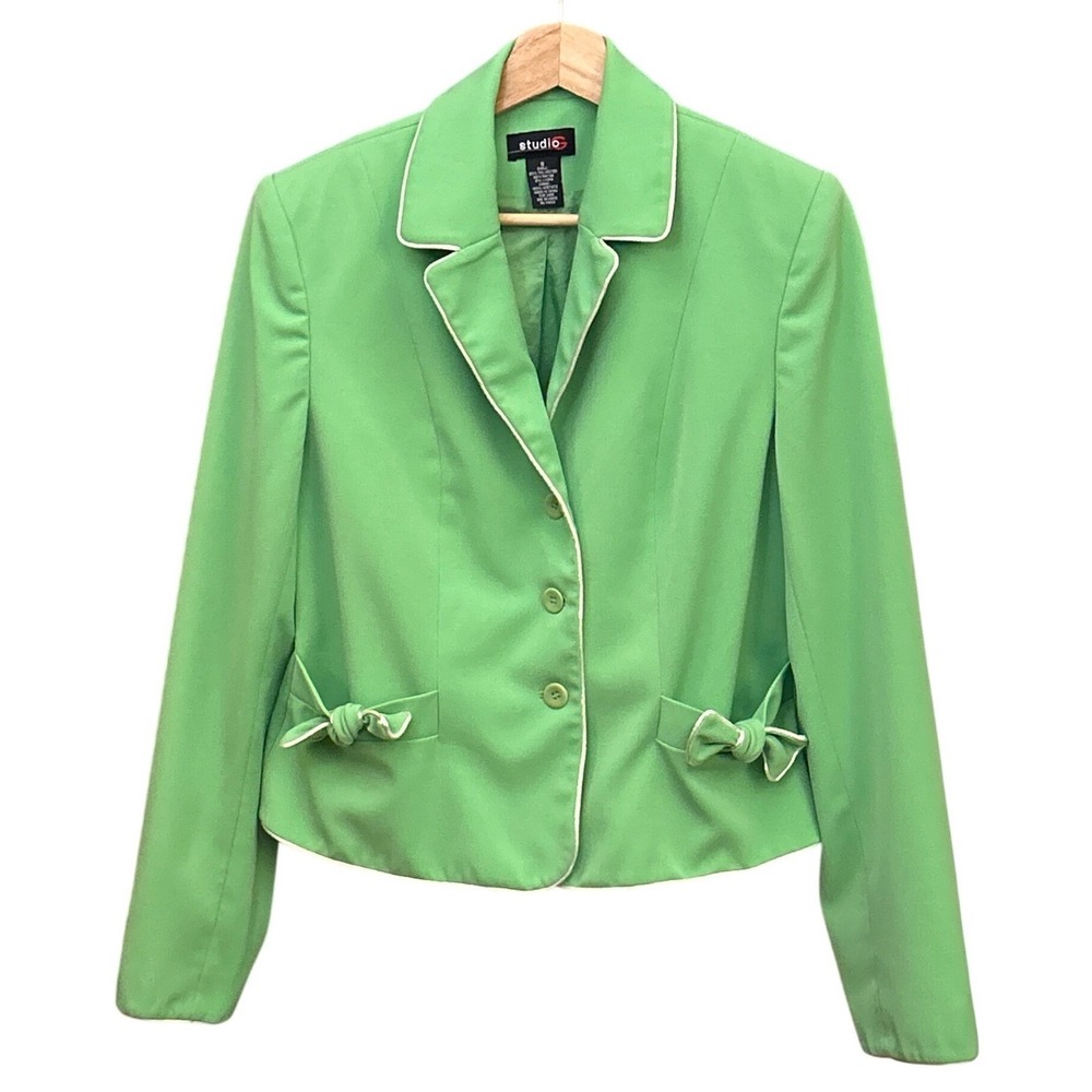 Y2K Studio G Blazer Jacket Green White Contrast Piping Bow Preppy Coquette